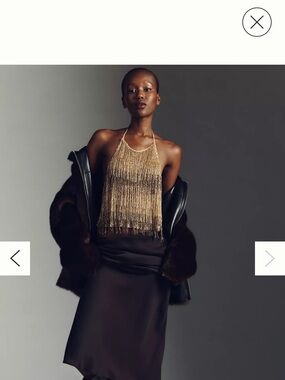 Anthropologie Gold Fringe beaded Halter Camisole Sz M/L